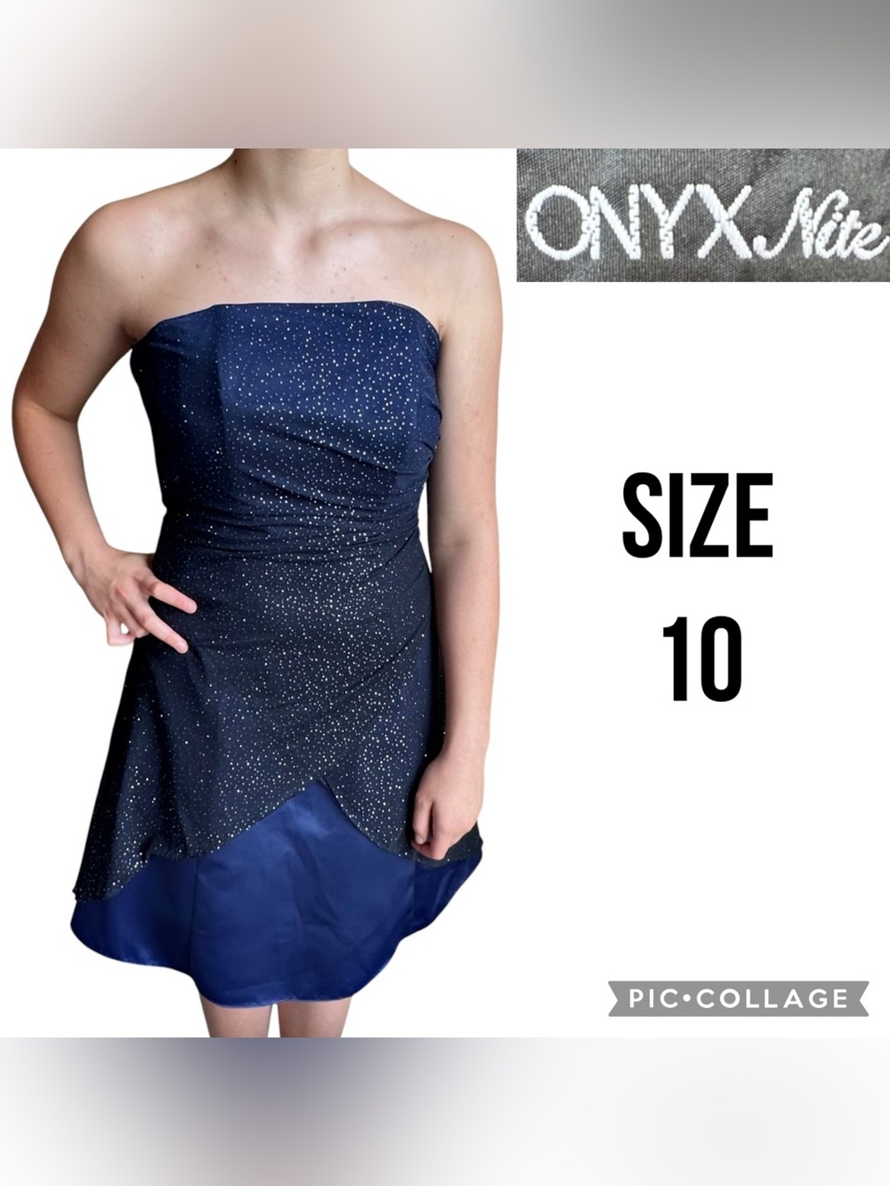 Onyx Nite Women’s Dress Navy Sparkly Strapless Knee Length Ruched Cocktail 10